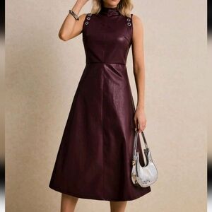 Burgundy Faux-Leather Mock-Neck Midi Dress With Grommet Shoulder Detail A-Line